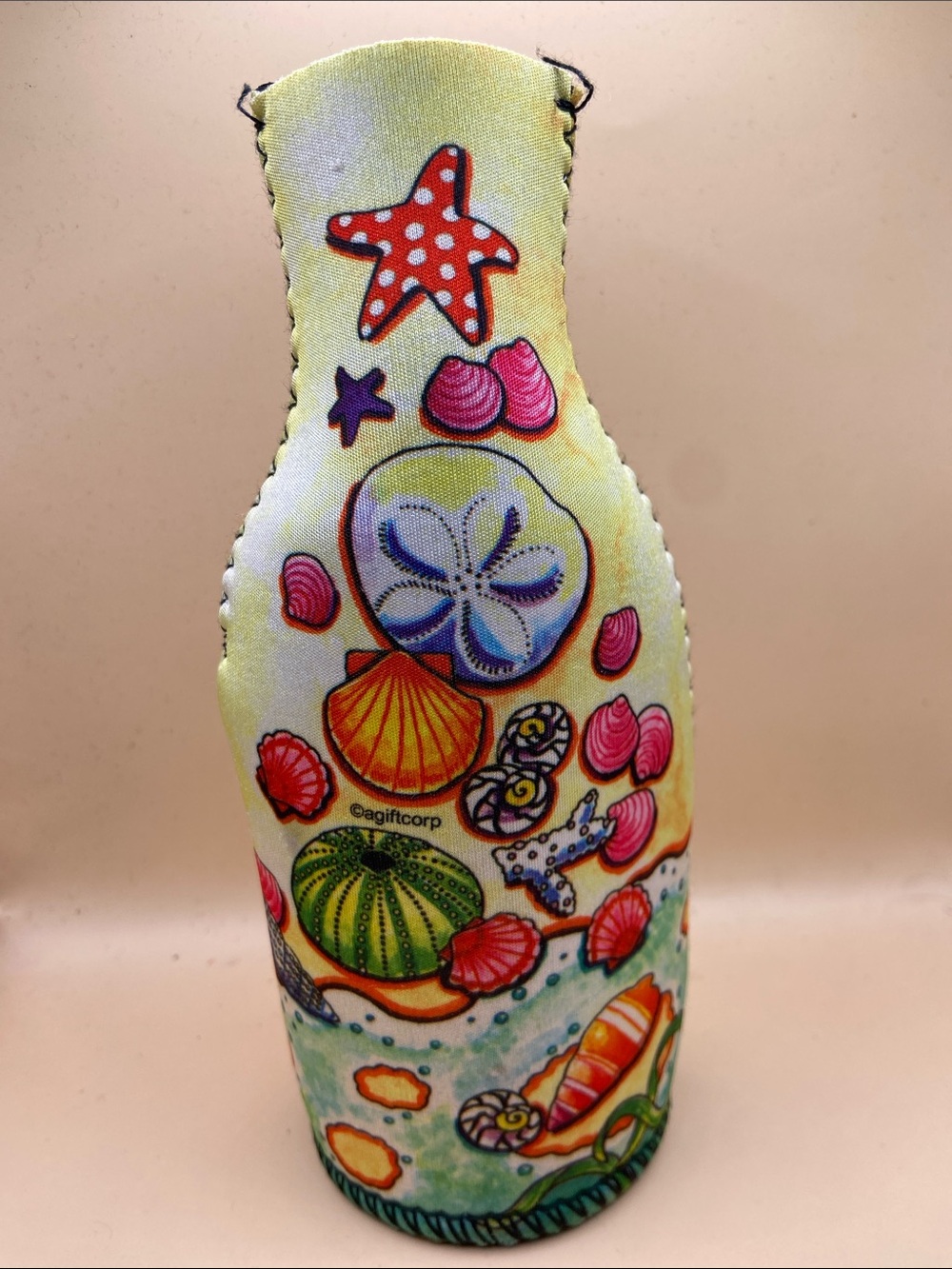 Yellow Seashell Bottle Sleeve with Coastal Print